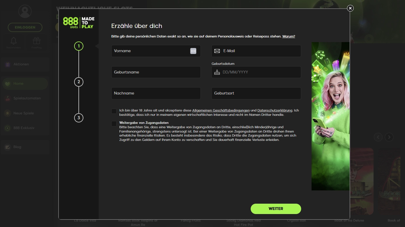 Registrierungsoberfläche von 888 Casino